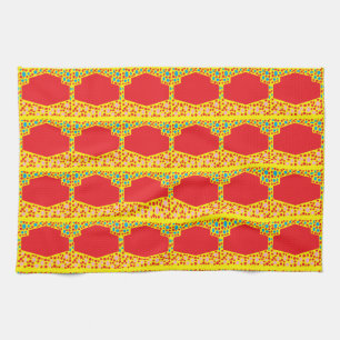 Red squares in multi patterns with blue yellow tea towel