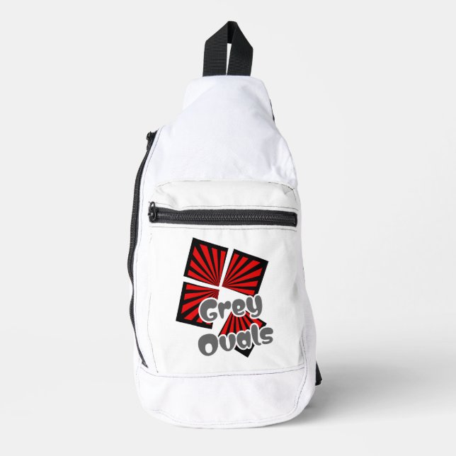 Red Squares with Beams and Grey Ovals Text Sling Bag (Front)