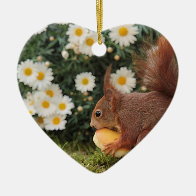 Red Squirrel and Daisies Cute Photo Ceramic Tree Decoration (Front)