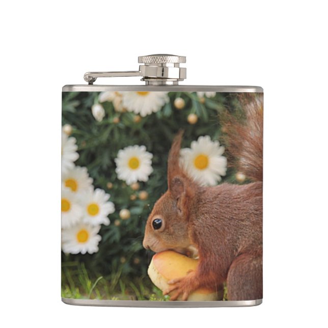 Red Squirrel and Daisies Cute Photo Hip Flask (Front)