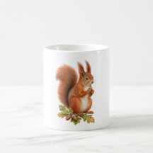 Red Squirrel Holding an Acorn among Oak Leaves