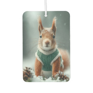 Red Squirrel in a Green Knitted Sweater with Text Car Air Freshener