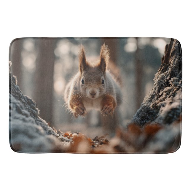 Red Squirrel Leaping in Frosty Forest Bath Mat (Front)
