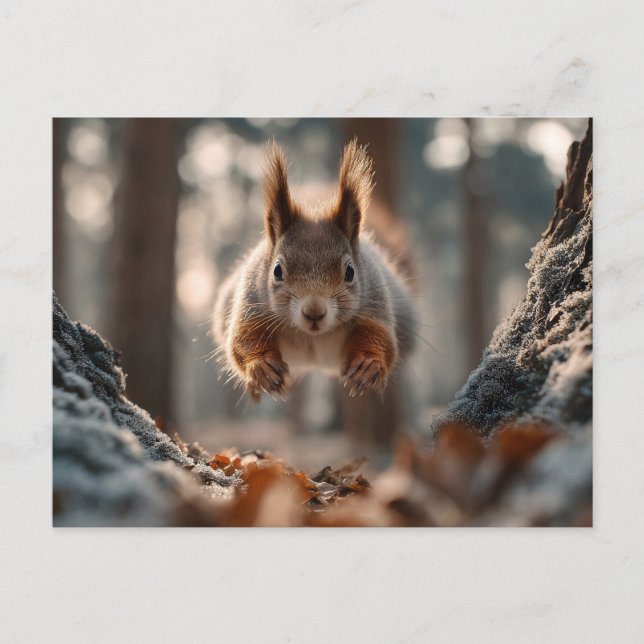 Red Squirrel Leaping in Frosty Forest Postcard (Front)