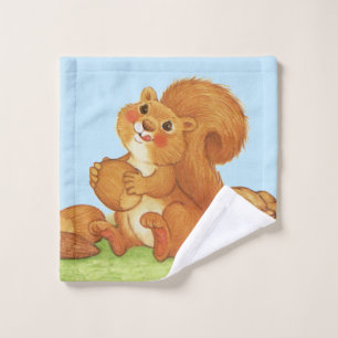 Red Squirrel Rosy Cheeks Holding Nuts in Grass Wash Cloth