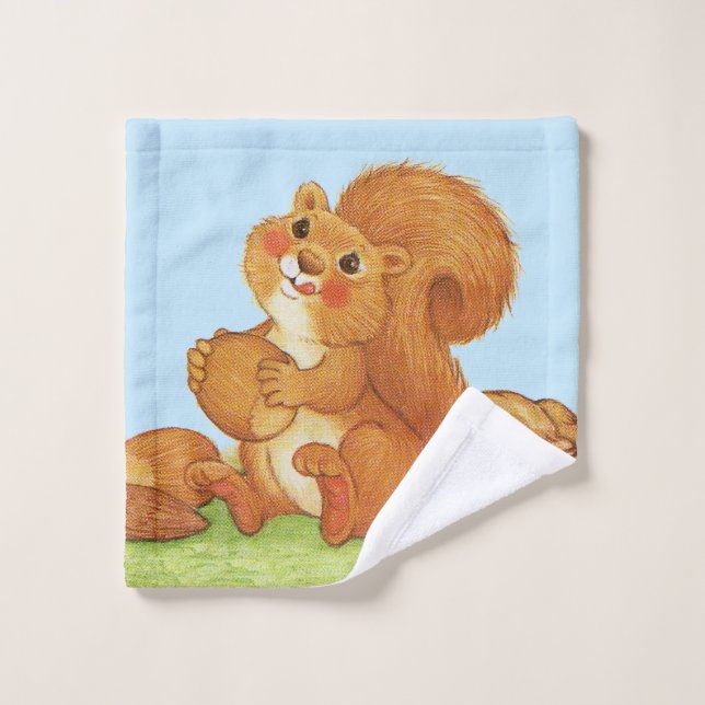 Red Squirrel Rosy Cheeks Holding Nuts in Grass Wash Cloth (Wash Cloth)