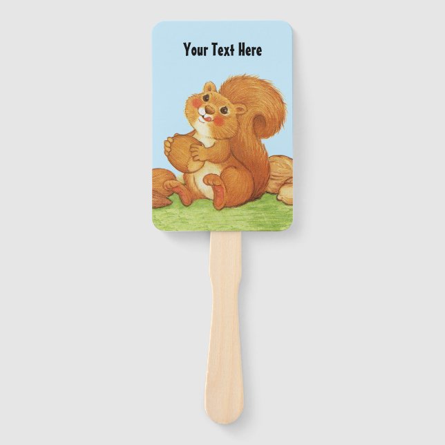 Red Squirrel Rosy Cheeks With Stash of Nuts Grass  Hand Fan (Front)