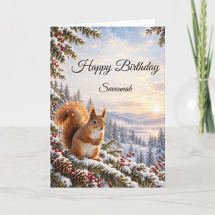 Red Squirrel Snowy Woodland Winter Birthday Card