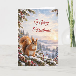 Red Squirrel Warm Christmas Evergreen Woodland Holiday Card