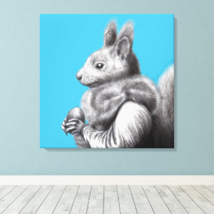 Red Squirrel with Grey Squirrel Fur Scarf (Blue) Canvas Print