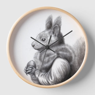 Red Squirrel with Grey Squirrel Fur Scarf (Snow) Clock