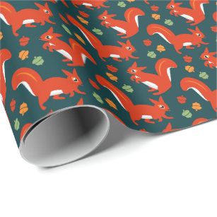 Red Squirrels and Acorns Backyard Autumn Birthday Wrapping Paper