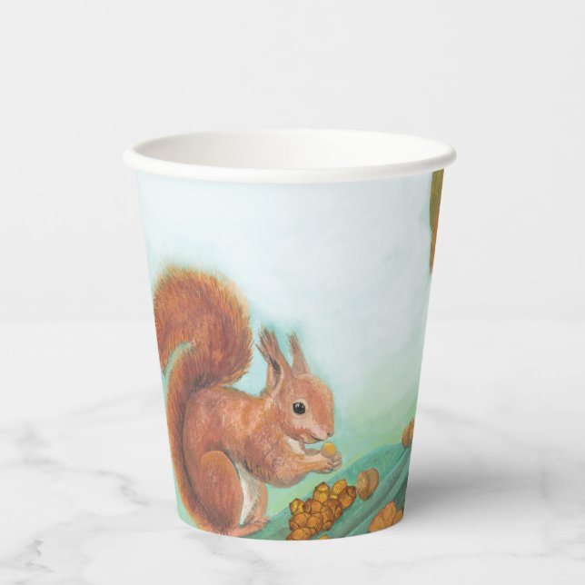 Red  Squirrels Eating Hazelnuts Illustration  Paper Cups (Front)
