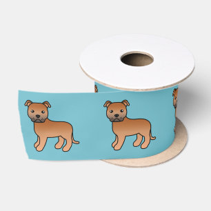 Red Staffordshire Bull Terrier Dog Cartoon Drawing Satin Ribbon