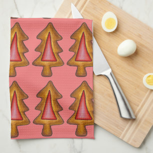 Red Stained Glass Christmas Tree Cookie Holiday Tea Towel
