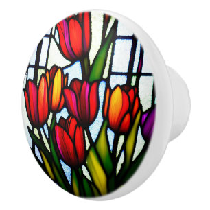 Red Stained Glass Tulips,  Ceramic Knob