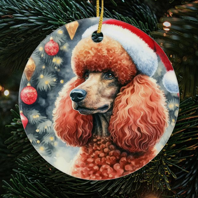 Red Standard Poodle Watercolor Christmas Ceramic Tree Decoration (Creator Uploaded)