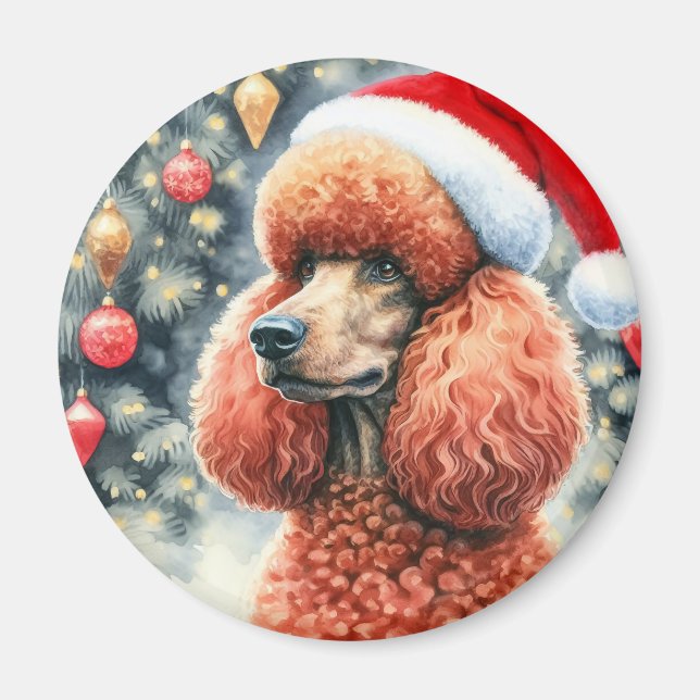 Red Standard Poodle Watercolor Christmas Magnet (Front)