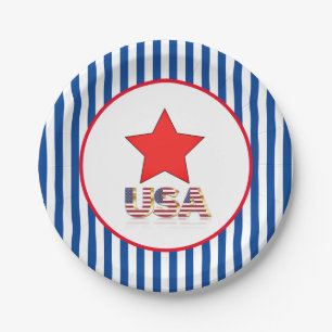 Red Star Blue Stripe USA 4th of July Holiday Party Paper Plate