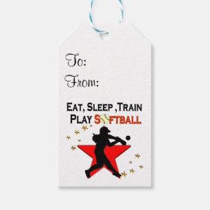 RED STAR EAT, SLEEP, TRAIN SOFTBALL DESIGN GIFT TAGS