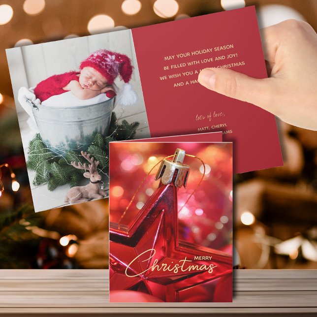 Red Star Ornament Folded Christmas Photo Card (Creator Uploaded)