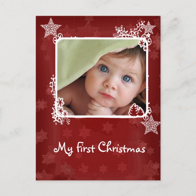 Red Star Snowflake Babys First Christmas Photo Holiday Postcard (Front)