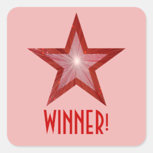 Red Star 'WINNER!' square sticker pale pink