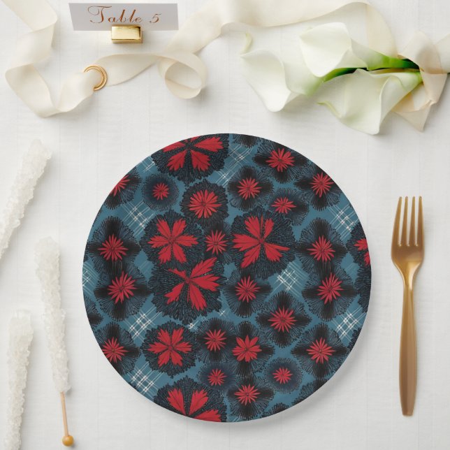 Red Starburst And Blue Plaid Paper Plate (Wedding)