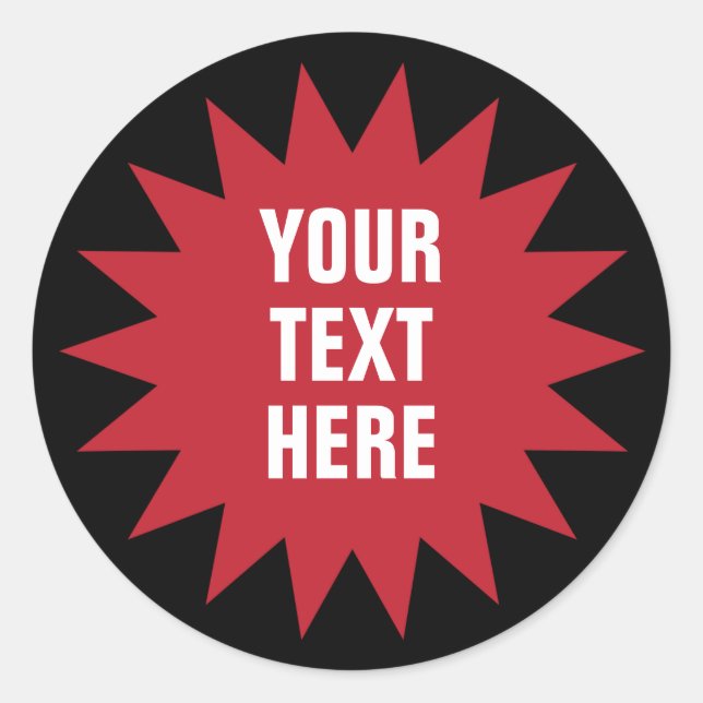 Red starburst or sun burst shape with text classic round sticker (Front)