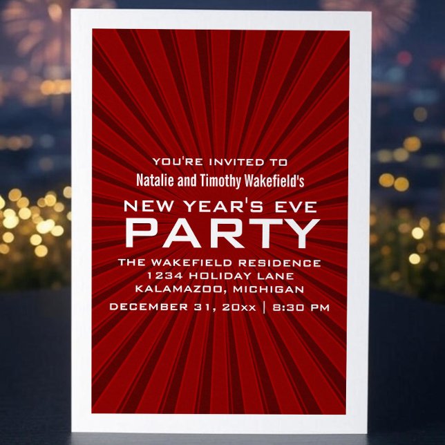Red Starburst Stripes New Year's Party Invite (Red Starburst Stripes New Years Party Invite)