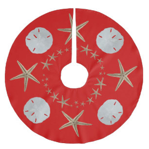 Red Starfish and Sand dollar Christmas Tree Skirt