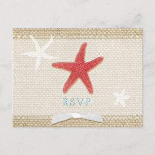 Red Starfish Burlap Beach Wedding RSVP Invitation Postcard