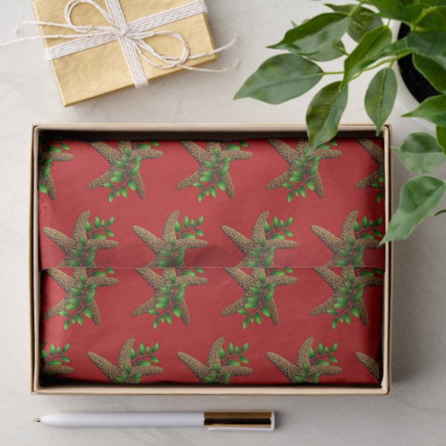 Red Starfish n Holly Pattern Christmas Tissue Paper (Gift)