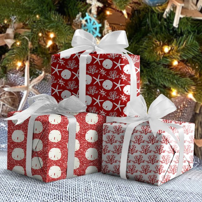 Red Starfish Sand Dollar Christmas Coastal Wrapping Paper Sheet (Creator Uploaded)