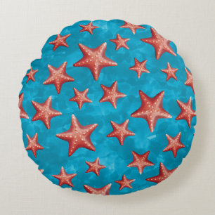 Red Starfish Summer Beach Nautical Coastal Round Cushion