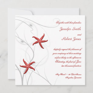 Red Starfish with Silver Coral Wedding Invitation