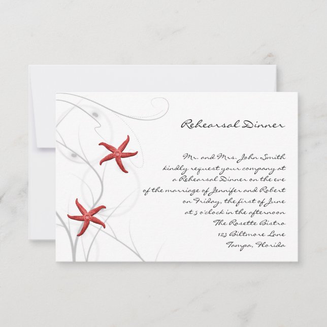 Red Starfish with Silver Coral Wedding Rehearsal Invitation (Front)