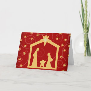 Red Starry Night Christmas Nativity Greeting Card