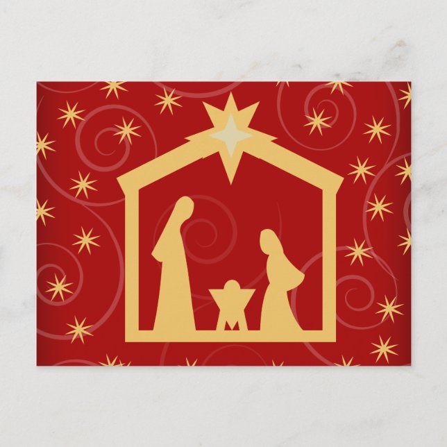 Red Starry Night Christmas Nativity Postcard (Front)