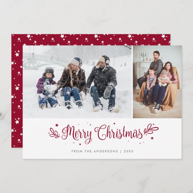 Red Stars Calligraphy Christmas Photo Cards (Front/Back)