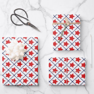 Red Stars Dotted lines Wrapping Paper Sheet