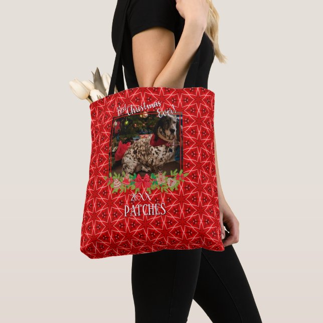 Red Stars Pattern Pet Photo Best Christmas Ever Tote Bag (Close Up)