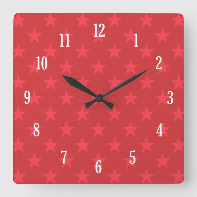 Red stars pattern square wall clock (Front)