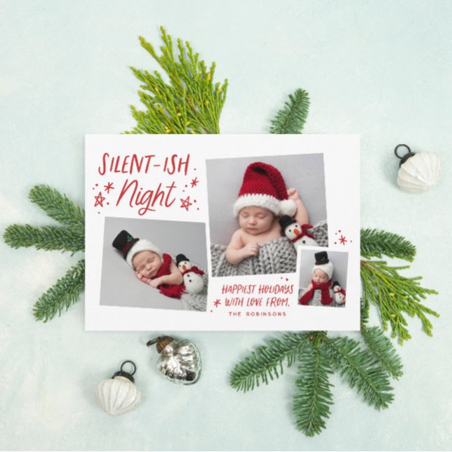 Red Stars Silent-ish Night 3 Photo Collage Baby Holiday Card (Creator Uploaded)