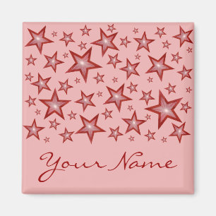 Red Stars 'Your Name' fridge magnet square pink