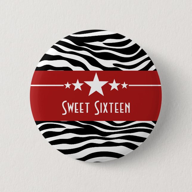 Red Stars Zebra Print Sweet 16 Button (Front)