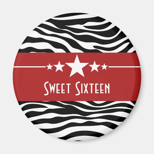 Red Stars Zebra Print Sweet 16 Magnet (Front)