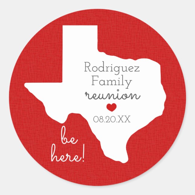 Red State of Texas Family Reunion Classic Round Sticker (Front)