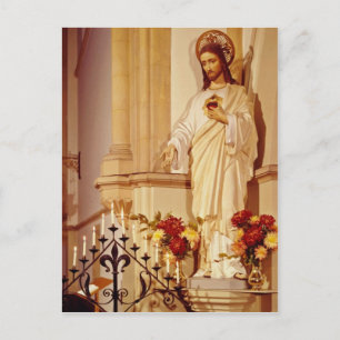 Red Statue of Christ with open palm showing stigma Postcard