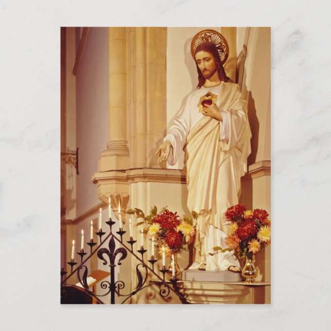 Red Statue of Christ with open palm showing stigma Postcard (Front)